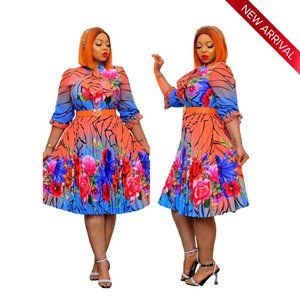 Orange Multicolor Floral Print Pleated Dress